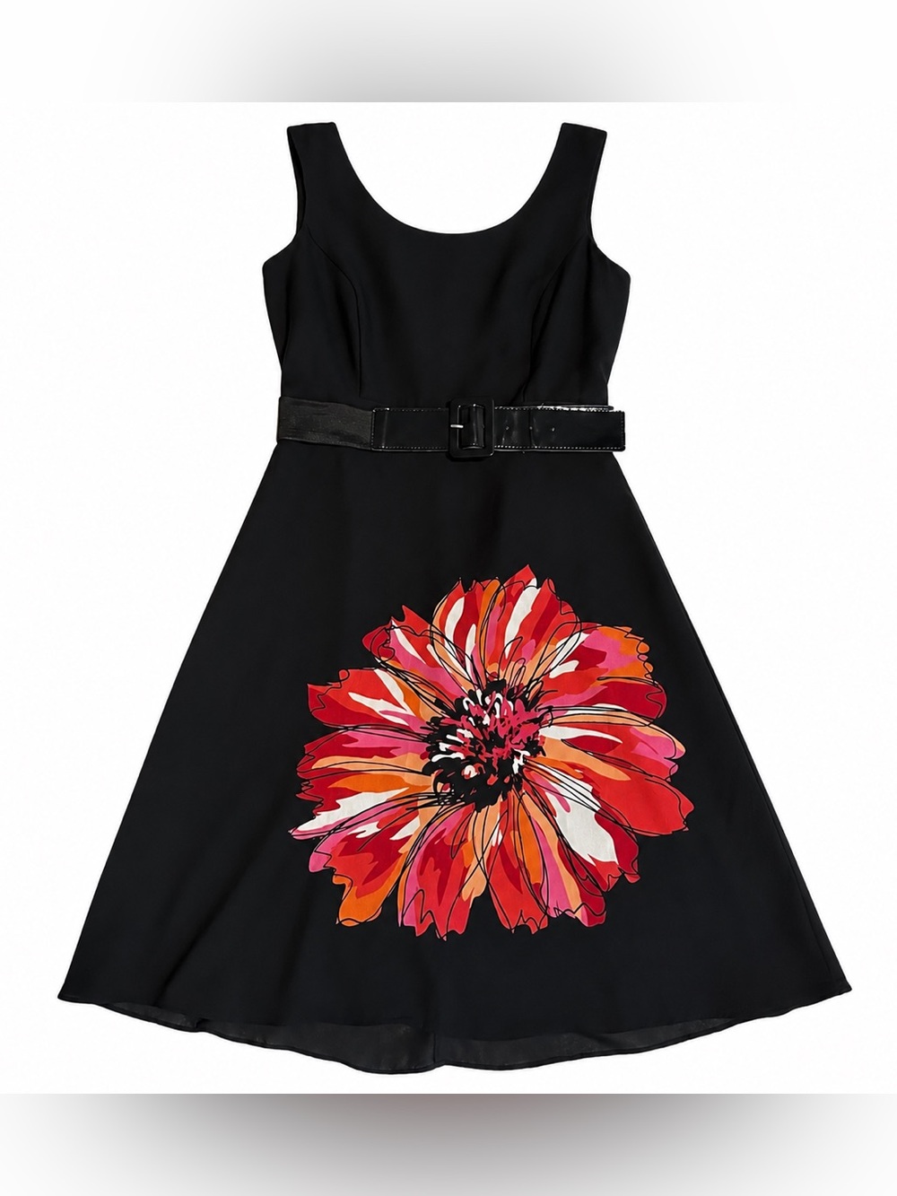 Studio I Women’s Dress Size 8 Black Floral Belted Sleeveless Fit & Flare